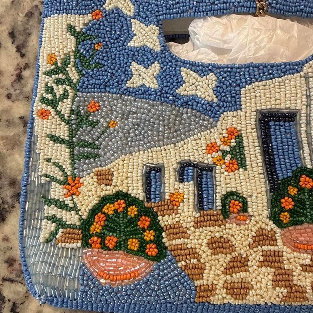 NWT Handmade Santorini Inspired Greece Beaded Clutch Purse Cat Charm - Picture 2 of 8